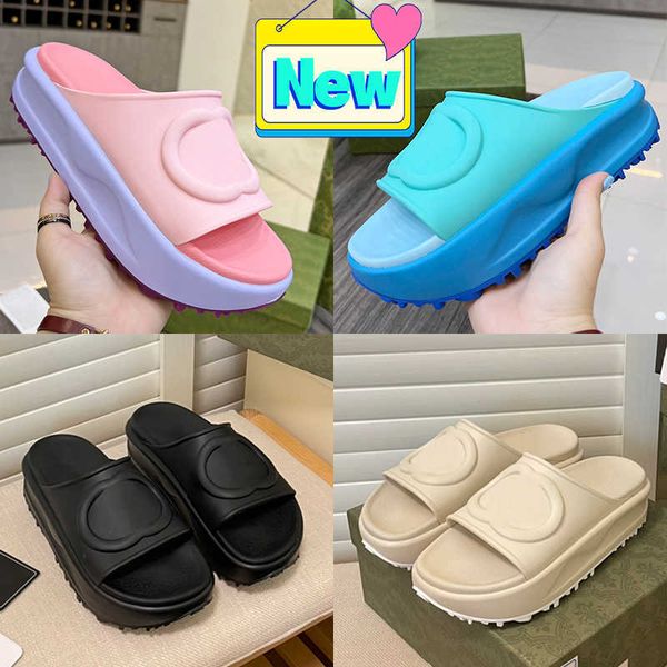 

designer luxury womens slippers embossed interlock platform rubber slide sandals flat summer fashion ladies slides rubber leather loafers, Black