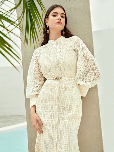 

raglan sleeve stand collar belted lace dress 39cb#, Black;gray