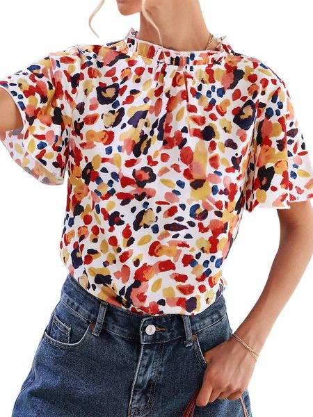 

allover print frill neck butterfly sleeve blouse 85gs#, White