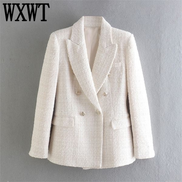 

wxwt women solid tweed double breasted blazer coat long sleeve pockets outerwear female spring cd8395 220705, White;black