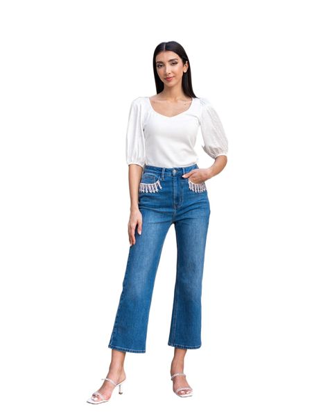 

motf premium cotton beaded cropped jeans i9hu#, Blue