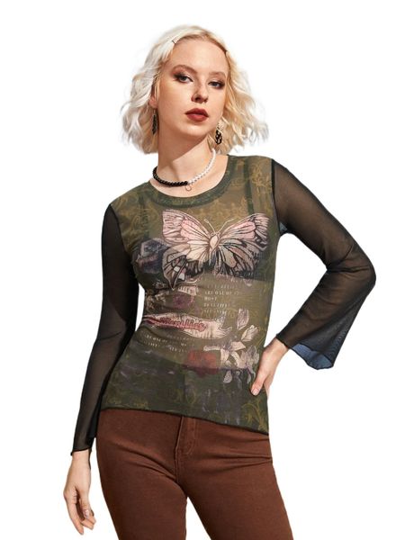 

romwe letter butterfly & floral graphic mesh without bra 05yb#, White