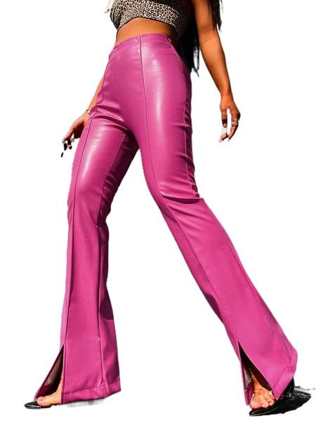 

pu high waist slit hem flare leg pants b4bu#, Black;white