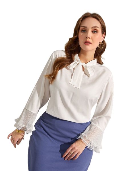 

plus tie neck mesh panel flounce sleeve blouse k8oz#, Black