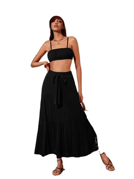 

solid crop cami & ruffle hem knot front skirt o89c#, White