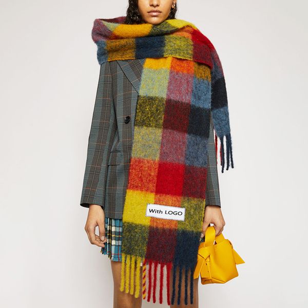 

plaid winter scarf with logo women fashion long tassel warm cashmere scarves hijab shawl and wraps bufanda mujer, Blue;gray