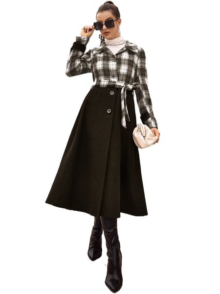 

plaid print belted coat r9yi#, Black
