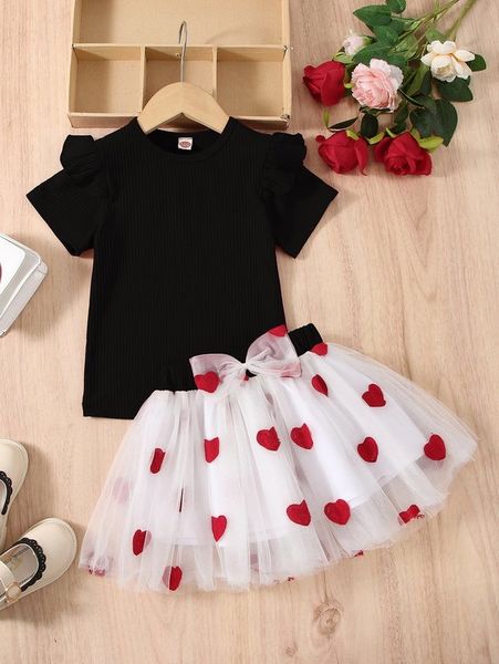 

toddler girls ruffle trim tee & bow heart mesh skirt she, White
