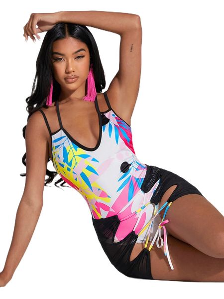 

random leaf print tie back bodysuit & cut out lace up front skirt k0yy#, White