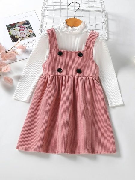 

toddler girls layered neck tee & double button overall dress she, White