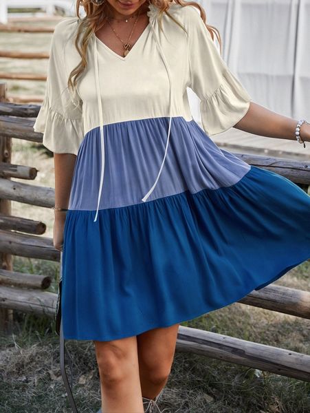 

color block frill tie neck ruffle trim smock dress r77d#, Black;gray