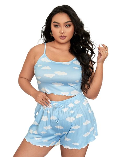 

plus cloud print lettuce trim cami & shorts pj set g7az#, Black;white