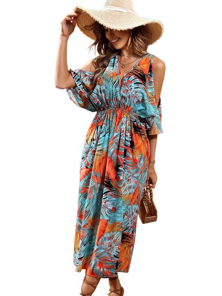 

t.ropical print c.old s.houlder split thigh d.ress x8vd#, Black;gray