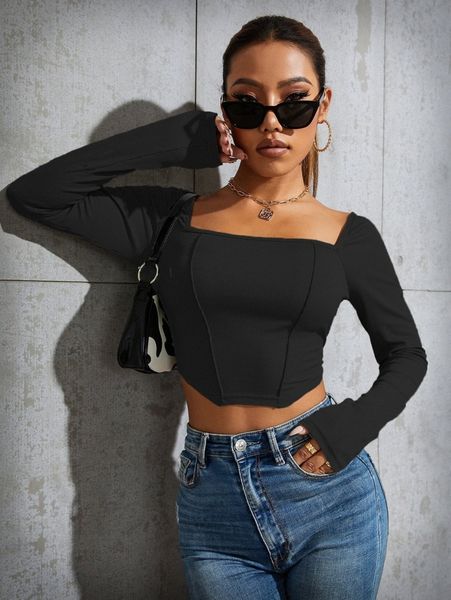 

stitch trim square neck crop tee i26e#, White