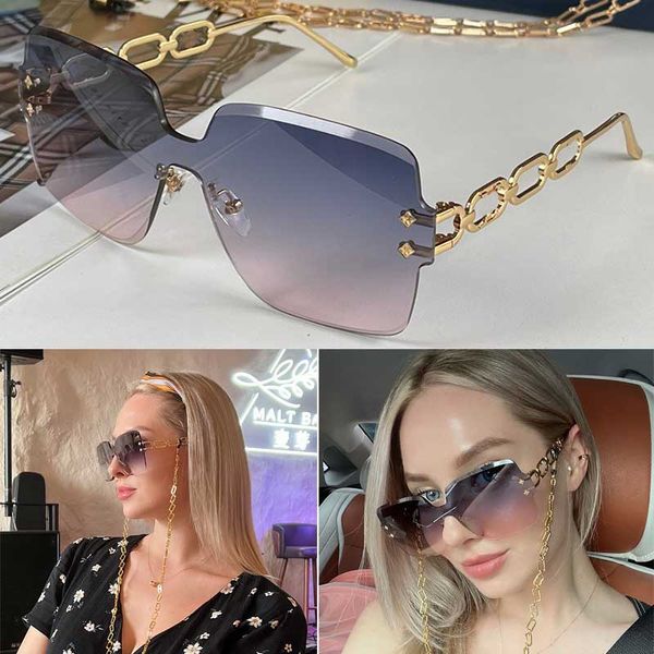 

jewelry cat eye sunglasses exquisite rimless lens chain effect temples unique look designer summer vacation travel beach uv protection ladie, White;black