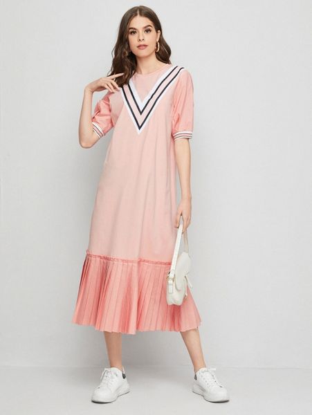 

puff sleeve pleated hem chevron striped dress 12vk#, Black;gray