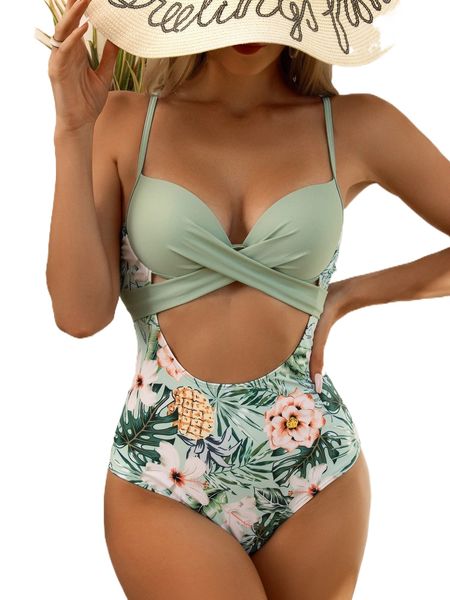 

random tropical print cut out underwire one piece swimsuit x2vj#, White;black