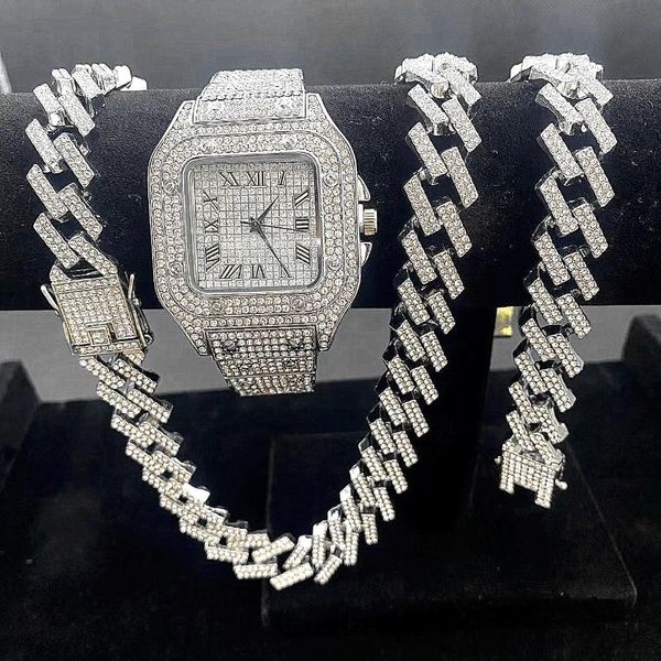 Наручные часы 3PCS Iced Out Watches For Men Gold Watch Quartz 15mm Cuban Link Chains Браслет + Ожерелья Ювелирные изделия с бриллиантами Man Reloj