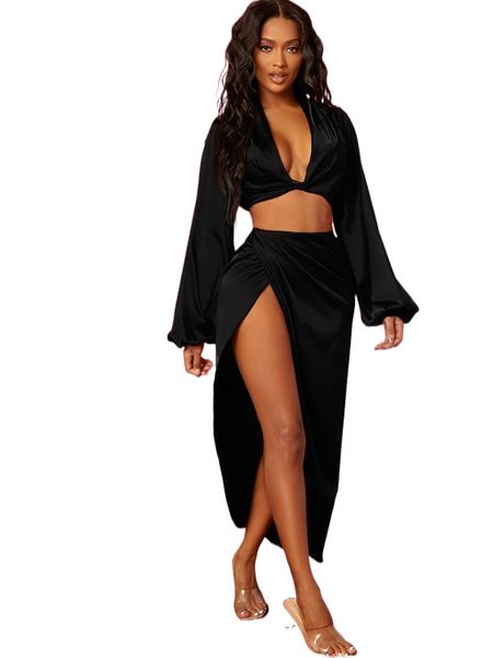 

solid lantern sleeve twist & zipper back wrap skirt set 00ii#, White