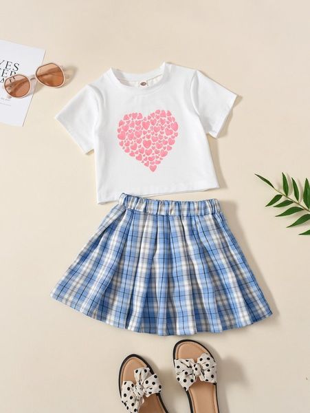 

girls heart print tee & tartan pleated skirt she, White