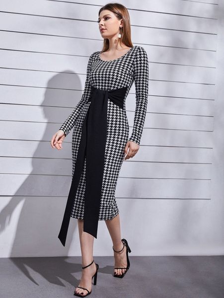 

houndstooth knot draped slit back bodycon dress i9ly#, Black;gray