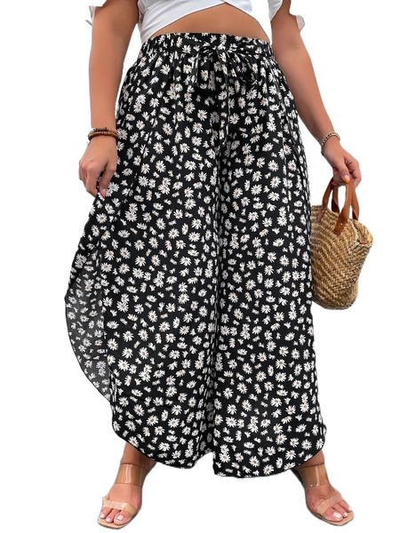

plus daisy print tie front asymmetrical hem wide leg pants o6ur#, Black