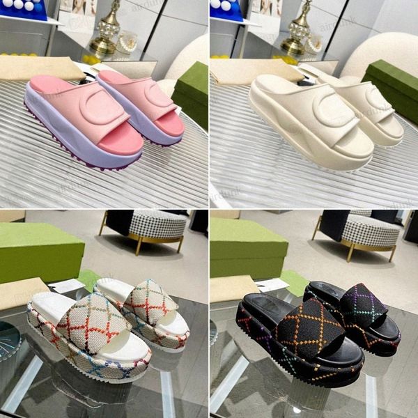 

2022 new style designer slippers fashion thick bottom sandals letter embroidery slides lady macaron platform wedges canvas sandal beach high, Black