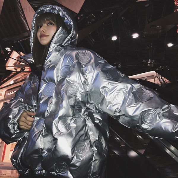 

qingwen winter bright buffer jacket for women fashion trends embossing oversized waterproof ski hooded jacket streetwear l220725, Black