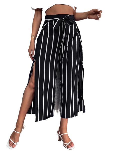 

vertical striped split thigh tie front pants e4we#, Black;white