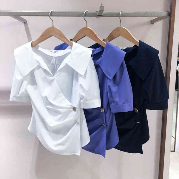 

women's polos simple solid color lapel casual short sleeve shirt niche summer commuting elegant fashionable top, White