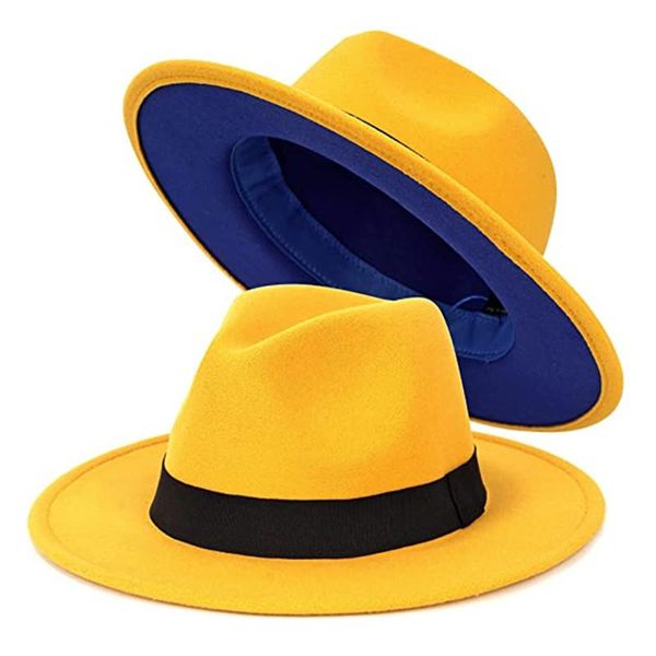 Berets Women Lady Двух Tone Yellow Wide Brim Panama Hat Patchwork Colours Classic Fedora с поясами Beartberets Beretsberets