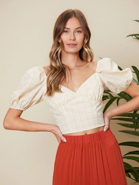 

plaid puff sleeve sweetheart neck blouse y4cc#, White