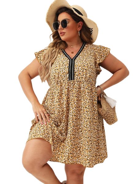 

plus ditsy floral print butterfly print dress x26j#, Black