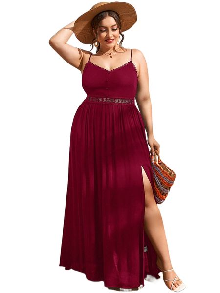 

plus guipure lace detail slit thigh cami dress g0rw#, Black