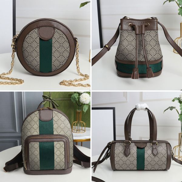 Boston Handbags Borse a tracolla da donna Borsa a secchiello Borsa a tracolla rotonda per torta Portafogli unisex Zaino Motivo rombico Tela Nastro rosso verde Manici in pelle