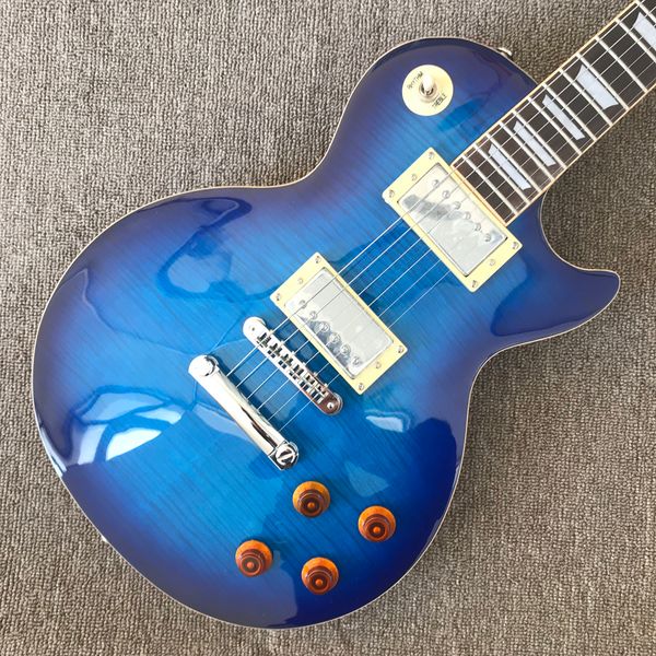 

lp electric guitar, rosewood fingerboard, one piece of body and neck, frets binding, tune-o-matic bridge, chrome hardware, blue maple solid