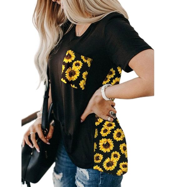 

2020 european and american foreign trade cross-border new amazon leopard print contrast pocket v-neck short sleeve t-shirt female e67z#, White