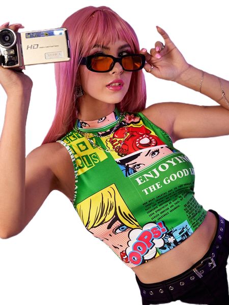 

slogan and figure graphic mock neck crop tank d47d#, White