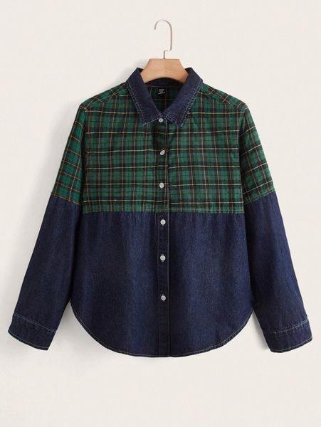 

plus colorblock tartan denim blouse h81d#, White