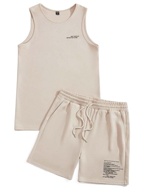 

men slogan graphic tank & drawstring waist shorts i9ot#, Gray