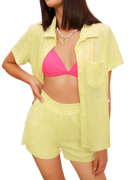 

patched pocket button front blouse & shorts s2dy#, White