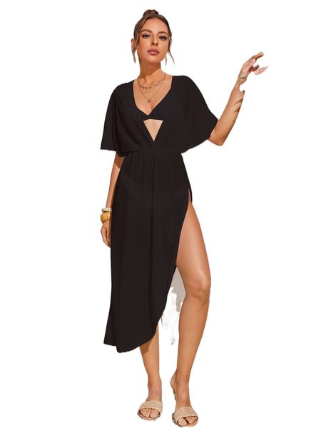 

batwing sleeve split hem cover up dress without bikini m7q9#, White;black