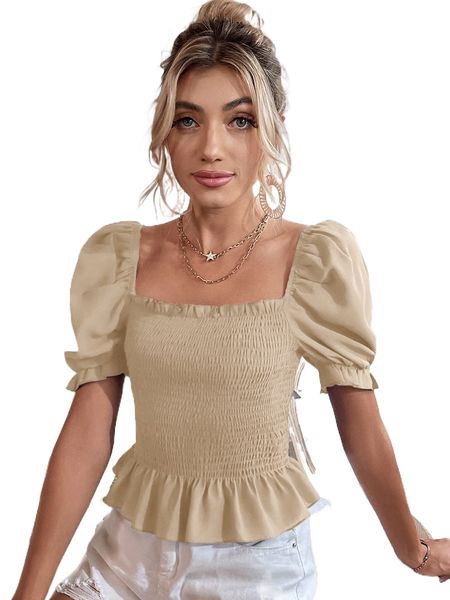 

puff sleeve ruffle hem shirred t2jq#, White