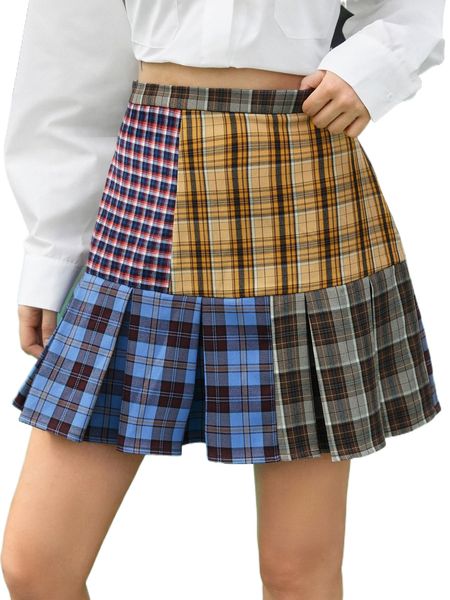 

high waist plaid print pleated skirt x9gf#, Black