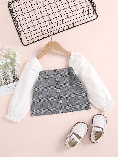 

toddler girls glen plaid button detail flounce sleeve she, White;black