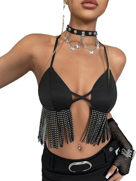 

tie backless crisscross fringe trim halter 25g6#, White
