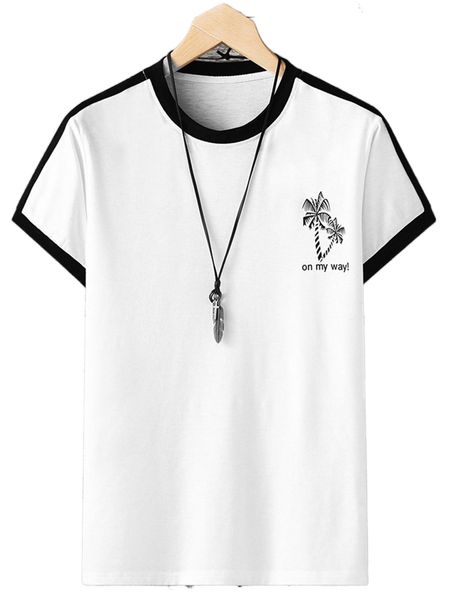 

men slogan & tropical print tee 72c7#, White;black