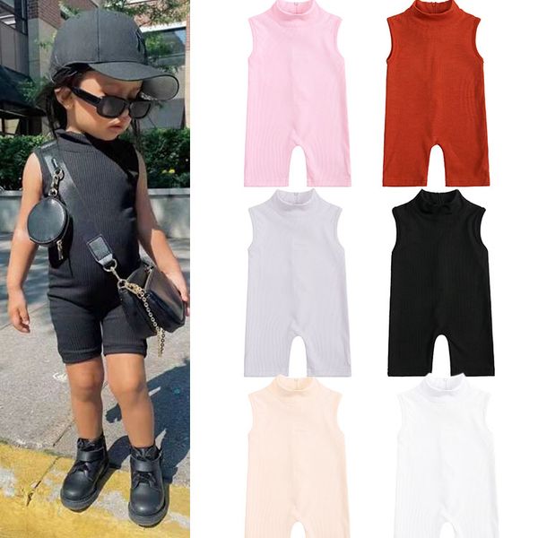 Sommer Kinder Strampler Mädchen Pullover Overalls Baumwolle Einfarbig Pit Streifen Kinder Ärmellose Overall Kinder Rippen Strampler Kleidung M4118