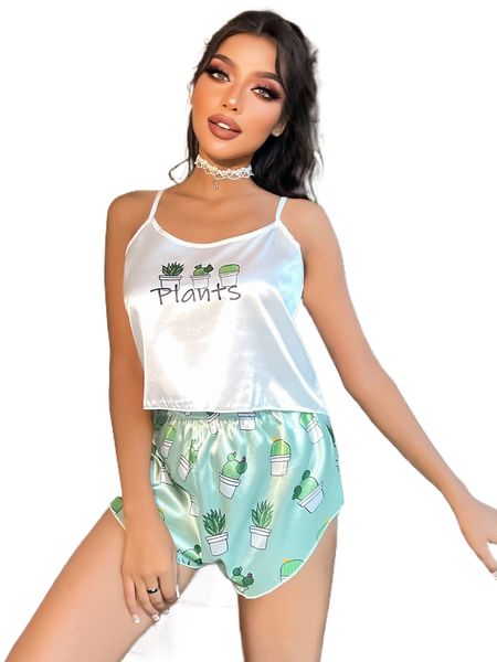 

cactus & letter graphic cami & shorts pj set h5rd#, Black;red