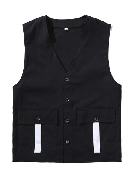 

men contrast tape flap pocket vest jacket u9bd#, Black;brown
